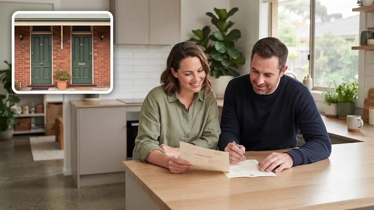 Two people reviewing a certificate of title together at a kitchen bench